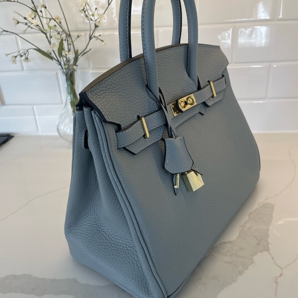 Birkin Inspired Slate Blue Satchel - Picture 4 of 11